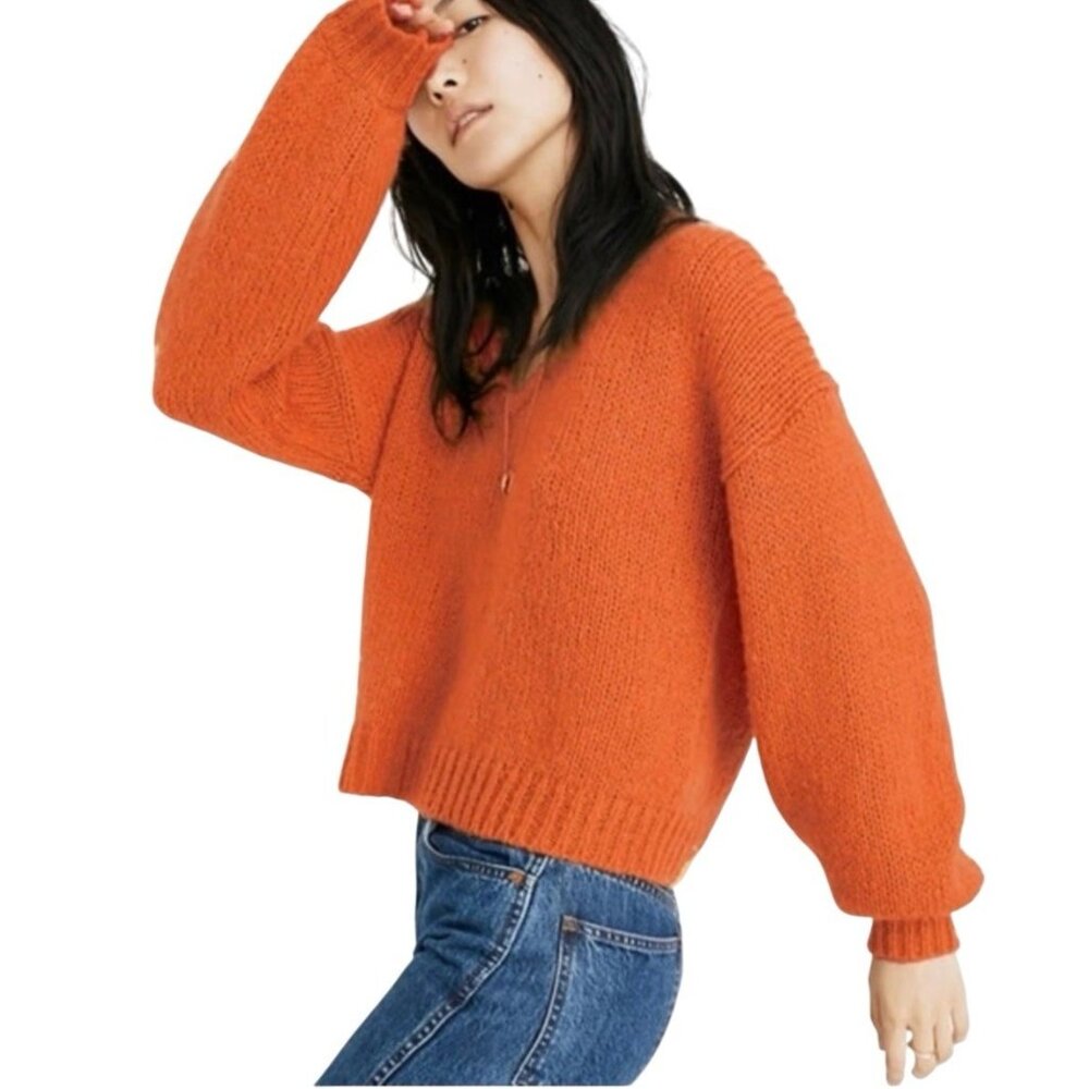 Madewell Knit Oversized Balloon Sleeves V Neck Wool Blend Sweater Size XL